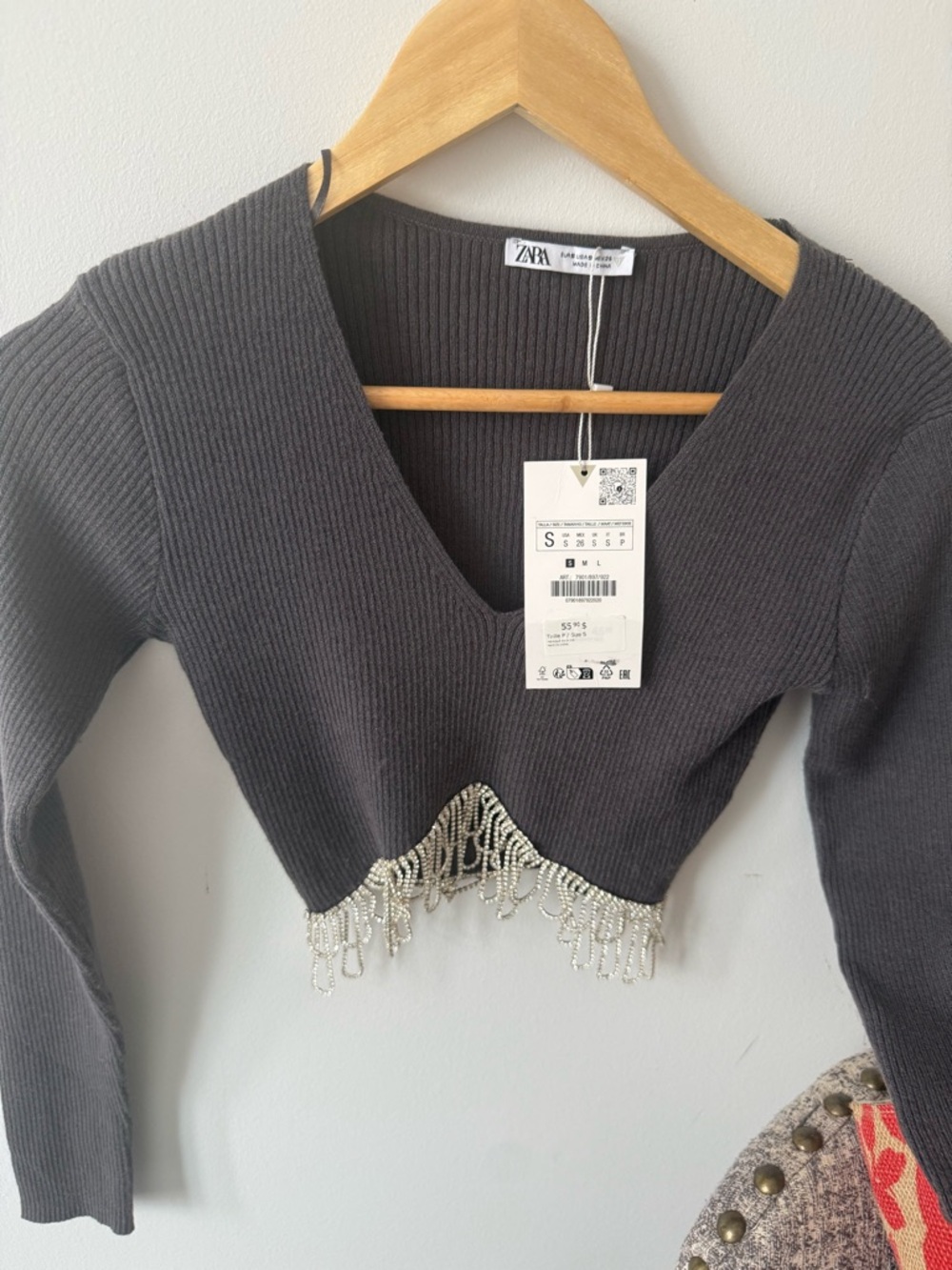 ZARA Charcoal Ribbed V-Neck Crop Top with Beaded Fringe